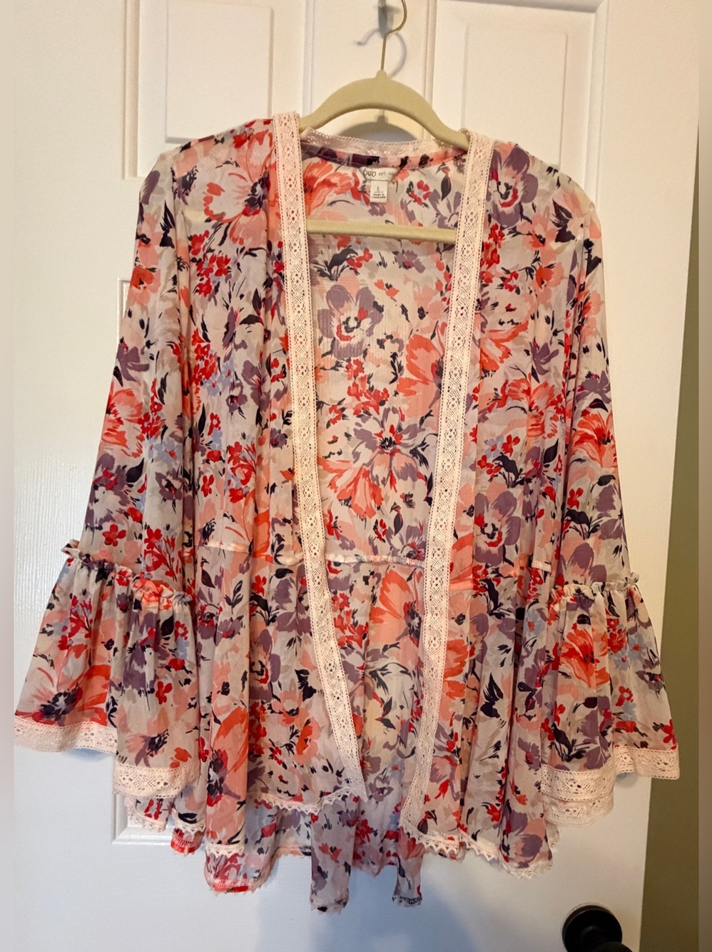 Cato Sheer Floral Crochet Lace-Trim Kimono - Coral, Pink & Purple